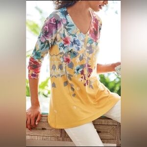 Soft Surroundings Yellow Floral V_ Neck Sweater Size S
